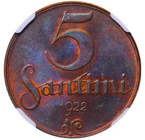 Latvia, 5 Santimi, 1922 year, NGC, MS 63 BN