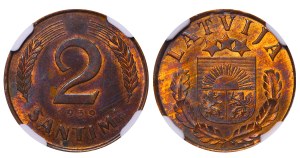 Latvia, 2 Santimi, 1939 year, NGC, MS 63 RB
