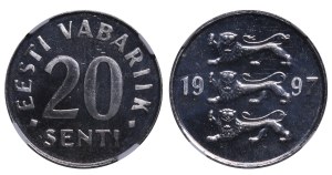 Estonia, 20 Senti, 1997 year, NGC, MS 67, Top PoP