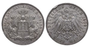Free Hanseatic city of Hamburg, 3 Mark, 1909 year, J