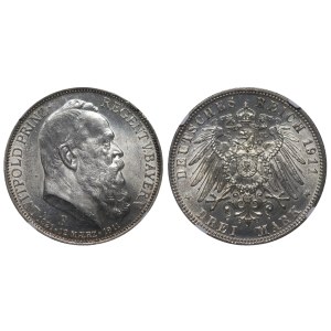 Kingdom of Bavaria, 3 Mark, 1911 year, D, 90th Birthday of Prince Regent Luitpold, NGC, UNC DETAILS