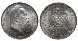 Kingdom of Bavaria, 3 Mark, 1911 year, D, 90th Birthday of Prince Regent Luitpold, NGC, UNC DETAILS