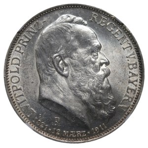 Kingdom of Bavaria, 3 Mark, 1911 year, D, 90th Birthday of Prince Regent Luitpold, NGC, UNC DETAILS