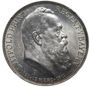 Kingdom of Bavaria, 3 Mark, 1911 year, D, 90th Birthday of Prince Regent Luitpold, NGC, UNC DETAILS
