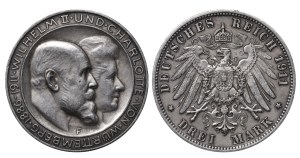 Kingdom of Wurttemberg, 3 Mark, 1911 year, F, Silver Wedding Anniversary