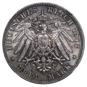 Kingdom of Saxony, 3 Mark, 1913 year, E, 100th Anniversary of the Battle of Leipzig, NGC, MS 65
