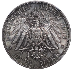 Kingdom of Saxony, 3 Mark, 1913 year, E, 100th Anniversary of the Battle of Leipzig, NGC, MS 65