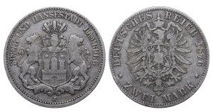 Free Hanseatic City of Hamburg, 2 Marks, 1876 year, J