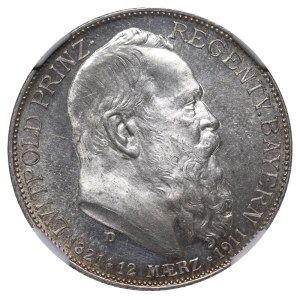 Kingdom of Bavaria, 2 Marks, 1911 year, D, 90th Birthday of Prince Regent Luitpold, NGC, UNC DETAILS