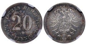 Germany, 20 Pfennigs, 1876 year, H, NGC, MS 64, Top PoP
