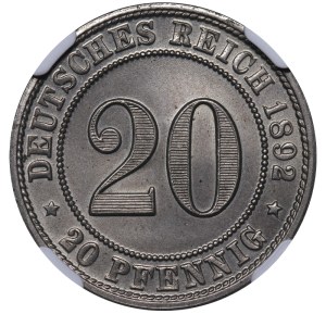 Germany, 20 Pfennigs, 1892 year, D, NGC, MS 66, Top PoP