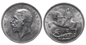 United Kingdom, 1 Crown, 1935 year, 25th Anniversary of Accesion of King George V, NGC, MS 62