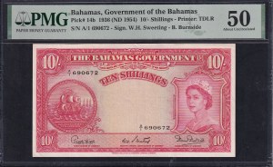 Bahamas, 10 Schillings, 1936 (1954), About UNC 50