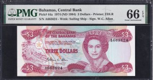 Bahamas, 3 Dollars, 1974 (1984), Gem UNC 66 EPQ