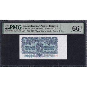 Czechoslovakia, 3 Koruny, 1953, Gem UNC 66 EPQ