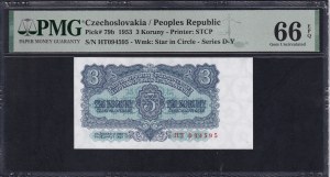 Czechoslovakia, 3 Koruny, 1953, Gem UNC 66 EPQ