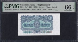 Czechoslovakia, 3 Koruny, 1953, Gem UNC 66 EPQ, ''REPLACEMENT''