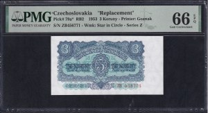 Czechoslovakia, 3 Koruny, 1953, Gem UNC 66 EPQ, ''REPLACEMENT''