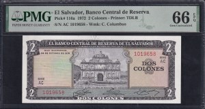 El Salvador, 2 Colones, 1972, Gem UNC 66 EPQ