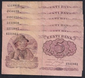 Estonia, Set of 6 banknotes, 5 Krooni, 1929, F-VF