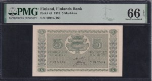 Finland, 5 Markkaa, 1922, Gem UNC 66 EPQ