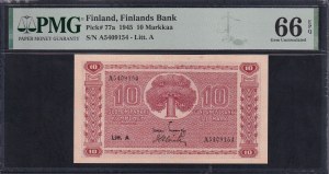 Finland, 10 Markkaa, 1945, Gem UNC 66 EPQ, ''TOP POP''