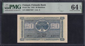Finland, 20 Markkaa, 1945, Choice UNC 64 EPQ