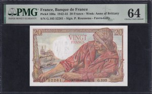 France, 20 Francs, 1942-44, Choice UNC 64