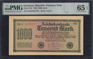 Germany, 1000 Mark, 1922, Gem UNC 65 EPQ