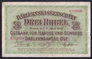 Germany, 3 Rubles, 1916, POSEN, F-VF