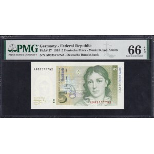 Germany (GFR), 5 Deutsche Mark, 1991, Gem UNC 66 EPQ