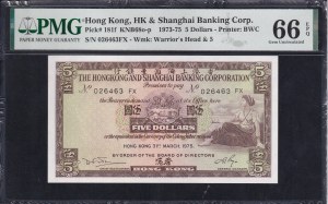 Hong Kong, 5 Dollars, 1973-75, Gem UNC 66 EPQ
