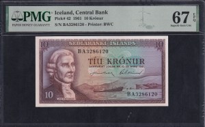 Iceland, 10 Kronur, 1961, Superb Gem UNC 67 EPQ, ''TOP POP''