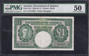 Jamaica, 1 Pound, 1942-48, About UNC 50