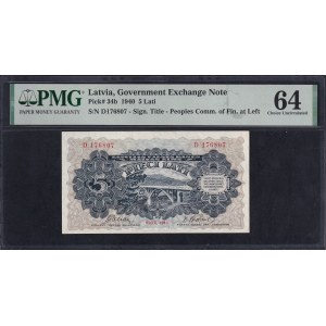 Lettonie, 5 Lati, 1940, Choice UNC 64