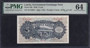 Latvia, 5 Lati, 1940, Choice UNC 64