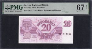 Latvia, 20 Rublu, 1992, Superb Gem UNC 67 EPQ