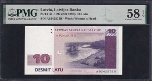 Latvia, 10 Latu, 1992 (1993), Choice About UNC 58 EPQ
