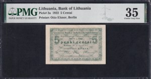 Lithuania, 5 Centai, 1922,Choice Very Fine 35