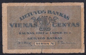 Lithuania, 1 Centas, 1922, VG