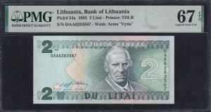 Lithuania, 2 Litai, 1993, Superb Gem UNC 67 EPQ
