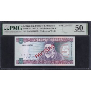 Lithuania, 5 Litai, 1993, About UNC 50, SPECIMEN