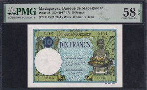 Madagascar, 10 Francs, 1937-47, Choice About 58 EPQ