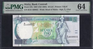 Malta, 10 Liri, 1967 (1994), Choice UNC 64