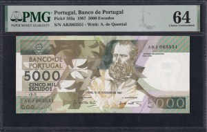 Portugal, 5000 Escudos, 1987, Choice UNC 64