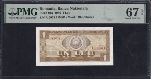 Romania, 1 Leu, 1966, Superb Gem UNC 67 EPQ