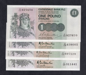 Scotland, Set of 4 Banknotes, 1 Pound, 1982-1988, UNC