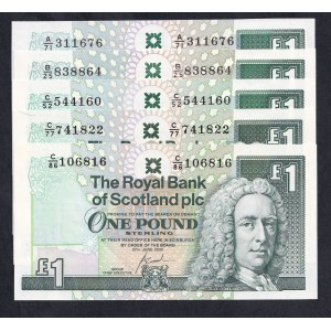 Scotland, Set of 5 Banknotes, 1 Pound, 1987-2001, UNC