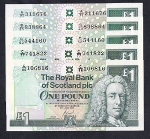 Scotland, Set of 5 Banknotes, 1 Pound, 1987-2001, UNC