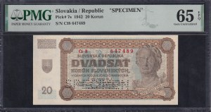 Slovakia, 20 Korun, 1942, Gem UNC 65 EPQ, ''SPECIMEN''
